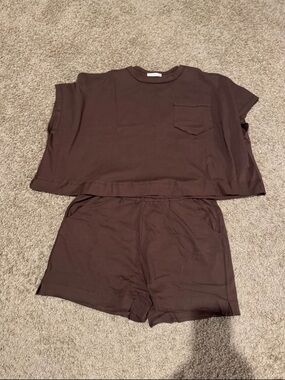 Zenana Outfitters Brown Short Sleeve Pocket Pajama Set